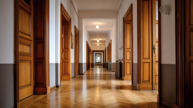 Bright corridor in a historic building with wooden doors and parquet floor. Empty hallway with classic interior, natural lighting and symmetry. Peaceful and elegant atmosphere.