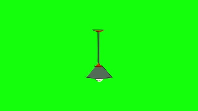 A modern gray pendant lamp with orange accents and a glowing warm white bulb hangs from a thin wire on solid bright lime green background in clean vector style.