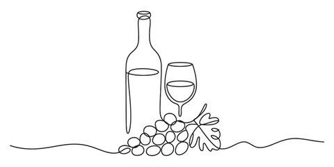 Obraz premium Continuous single line drawing of a wine bottle glass and a bunch of grapes
