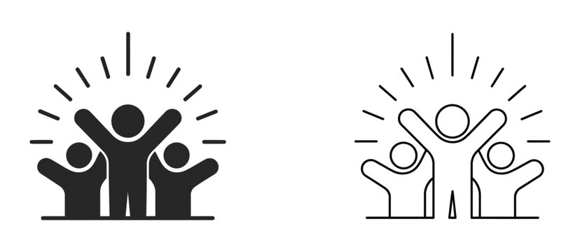 Group happy people icon set, featuring party friends, active kids, joyful team, workplace friends, fun activities, social connection, and clean flat vector design.