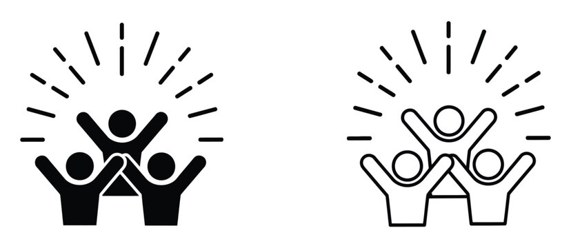 Group happy people icon set, featuring party friends, active kids, joyful team, workplace friends, fun activities, social connection, and clean flat vector design.