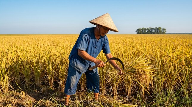 Traditional Asian male farmer harvesting ripe golden rice crops with a sickle in a sunlit paddy field for agricultural industry concept.