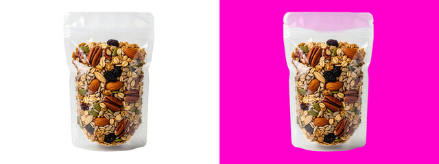 Clear plastic stand-up pouch filled with healthy granola mix, isolated on a white background, 3d render for food packaging mockups isolated on a transparent background © Abdur