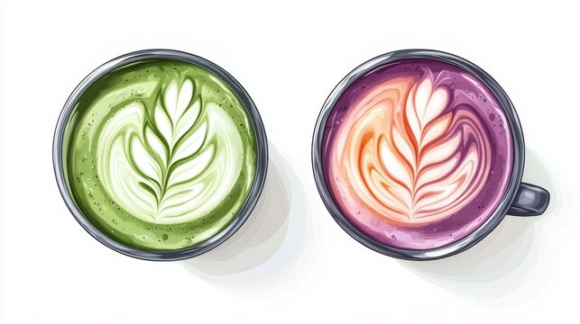 Ube and Matcha drink on white background,Iced Ube Latte,and matcha latte,PopularTrendy Purple Coffee Shop,plant based recipes,superfood,menu and banner,Healthy and wellness concept.