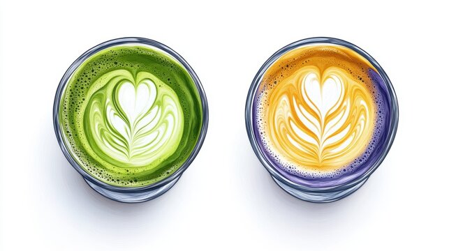 Ube and Matcha drink on white background,Iced Ube Latte,and matcha latte,PopularTrendy Purple Coffee Shop,plant based recipes,superfood,menu and banner,Healthy and wellness concept.