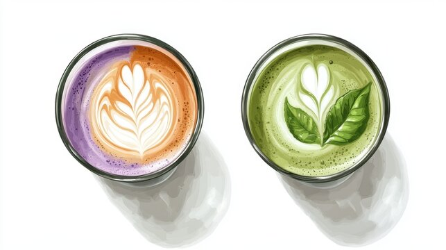 Ube and Matcha drink on white background,Iced Ube Latte,and matcha latte,PopularTrendy Purple Coffee Shop,plant based recipes,superfood,menu and banner,Healthy and wellness concept.