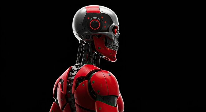 Robotic humanoid skeleton profile on black background conceptual design