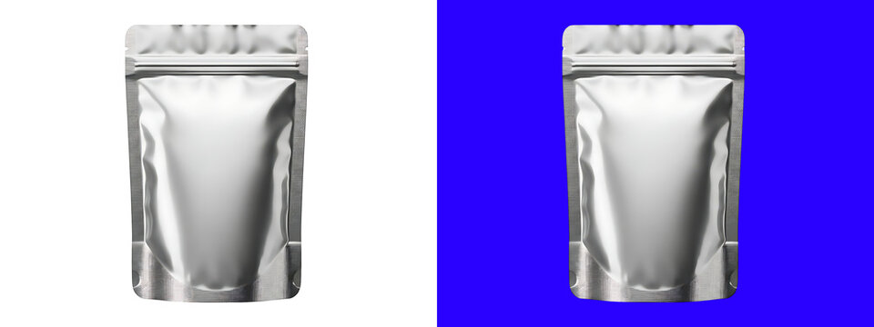 Shiny silver mylar pouch packaging with zipper seal for food products isolated on a plain white background isolated on a transparent background