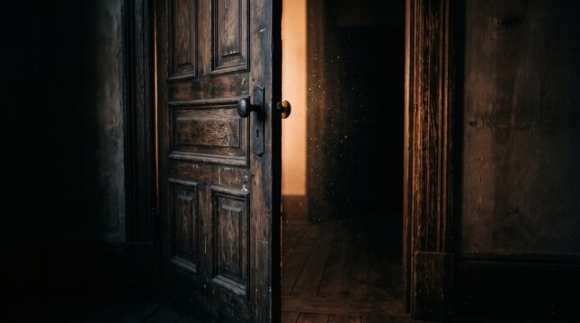 An old, weathered wooden door slightly ajar, revealing a dark, mysterious room beyond with a subtle hint of light.