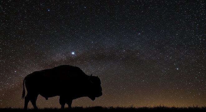 Silhouette of a bison against a starry night sky during dusk