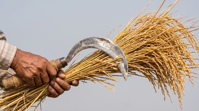 Close-up of farmer hands holding bundle of ripe golden rice ears and a sharp sickle used for traditional manual harvest in the field