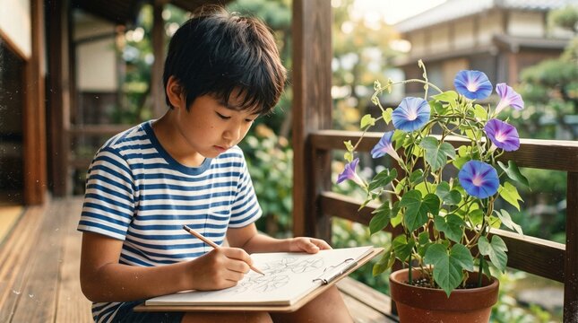 昭和の日本人小学生：ベランダで朝顔の鉢植えを真剣な表情で見つめ、夏休みの宿題で観察日記のスケッチを描く日本人小学生男子のクローズアップポートレート