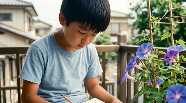 昭和の日本人小学生：ベランダで朝顔の鉢植えを真剣な表情で見つめ、夏休みの宿題で観察日記のスケッチを描く日本人小学生男子のクローズアップポートレート