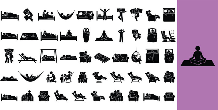 Collection of various sleeping, resting, and relaxation scenes. Diverse people in different postures and environments for wellness and comfort conc...