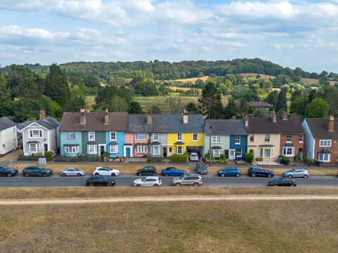REIGATE, SURREY -UK  aerial view of colourful English houses by Reigate Heath