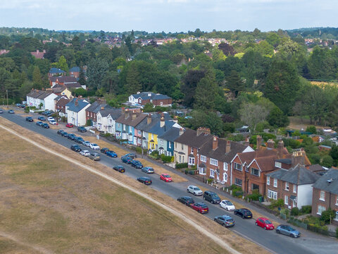 REIGATE, SURREY -UK  aerial view of colourful English houses by Reigate Heath