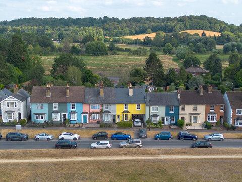 REIGATE, SURREY -UK  aerial view of colourful English houses by Reigate Heath