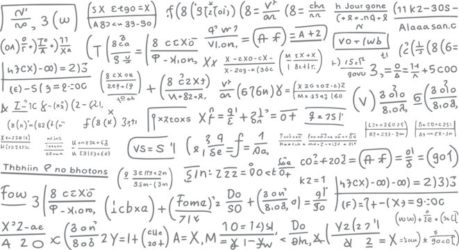Handwritten complex mathematical equations and formulas on a white background with gray ink mathematics