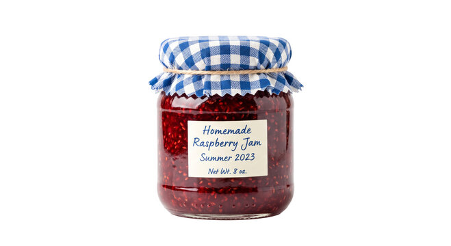 Homemade raspberry jam in a glass jar with a checkered lid and twine