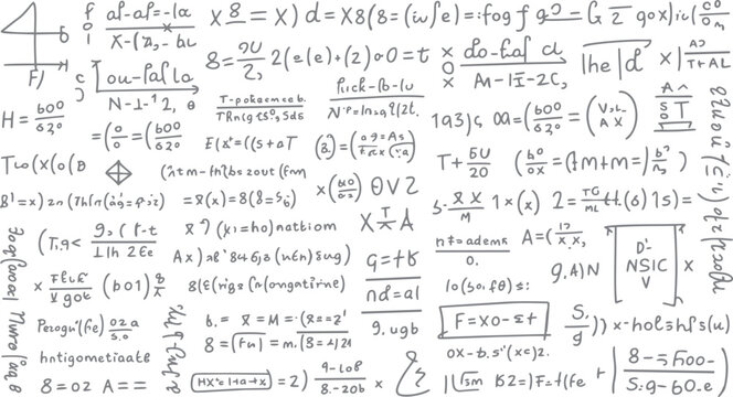 Hand drawn mathematical equations and symbols on a white background with a grey style mathematics formula