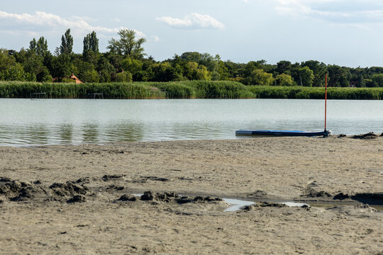 Peaceful lake with reeds and sandbar