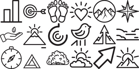 Fototapeta premium Diverse set of travel and nature conceptual icons in black and white