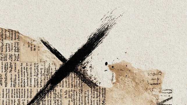 Aggressive black ink brush stroke crossing out old manuscript text on textured grunge sepia canvas.