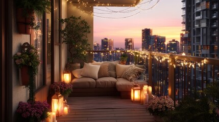 Obraz premium Modern apartment balcony decorated with fairy lights at sunset. Cozy outdoor living area with comfortable sofa and lanterns for evening relaxation. Urban city skyline background view.