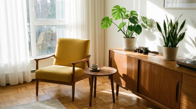 Cozy living room with yellow armchair, wooden furniture, and indoor plants bathed in sunlight.