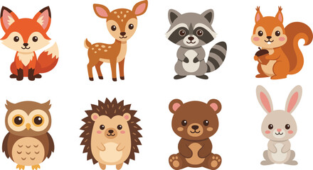 Cute woodland animals icon set featuring red fox spotted deer raccoon squirrel holding acorn owl hedgehog brown bear and bunny rabbit flat cartoon illustrations © SAHARA