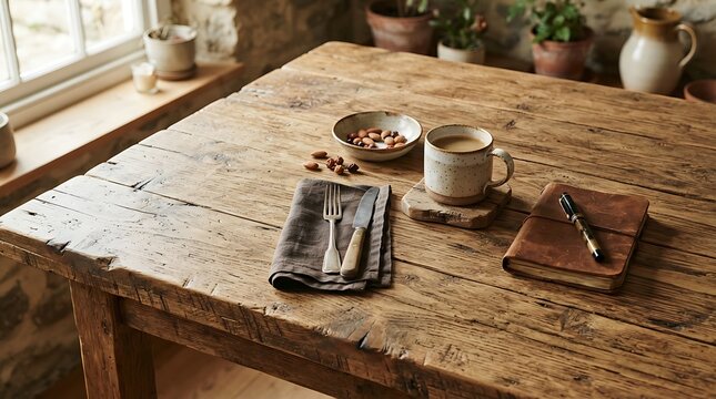 Rustic wooden table with morning beverage and journal for peaceful start