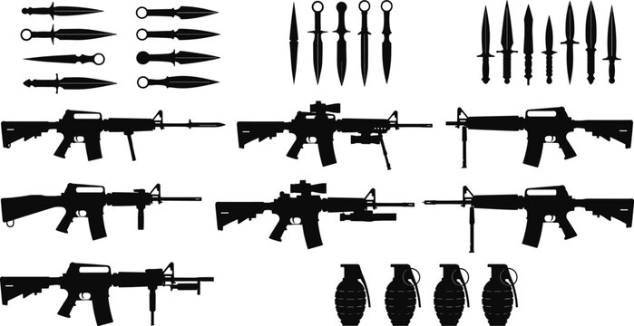 Silhouette illustration of knives rifles and grenades arranged in rows for military weapon vector design