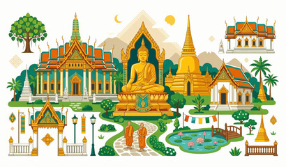 Obraz premium Untitled design - 2Illustrate a premium flat vector cultural scene featuring a grand golden Buddha statue, traditional Thai temple buildings, an ornate stupa, lotus flowers, tropical greenery, decorat