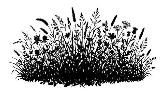 CAD tree lines Black silhouette grass Wildflower meadow silhouette vector, black botanical grass and field herbs, rustic floral garden border for wedding invitations and nature decor isolated on