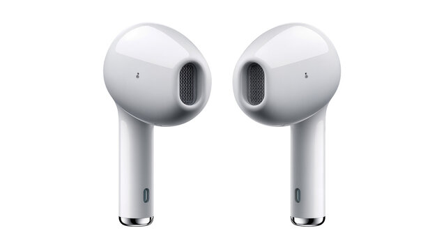 Isolated modern white wireless earbuds, pair of digital earphones for listening to music and sound