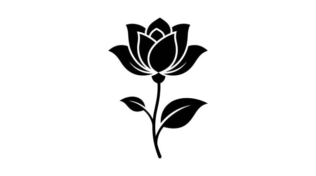 CAD tree lines Black silhouette grass Black rose flower silhouette vector, elegant floral blossom icon with leaves, minimalist botanical rosebud illustration for logo design isolated on White