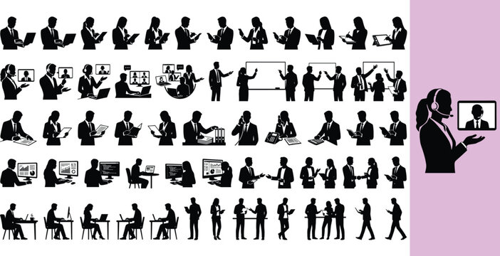 Businesspeople using digital devices and participating in virtual meetings. Corporate professionals engaging with technology and communication tools.