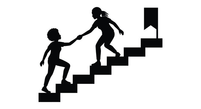 Two people assisting each other up a staircase black silhouette against a white background silhouette assistance helping hand support teamwork