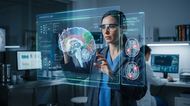 Scientist analyzes brain scan on futuristic holographic display in laboratory
