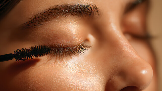 Closeup Woman Applying Mascara to Eyelashes Beauty Cosmetic Makeup Treatment