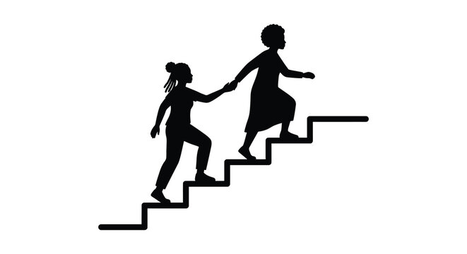 Two people assisting each other up a staircase black and white silhouette assistance helping hand support collaboration teamwork partnership stairs