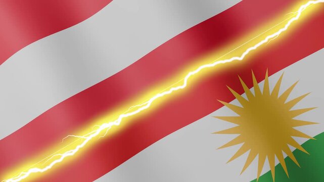 Two waving flags Austria and Kurdistan with diagonal lightning seamless, 4k loop