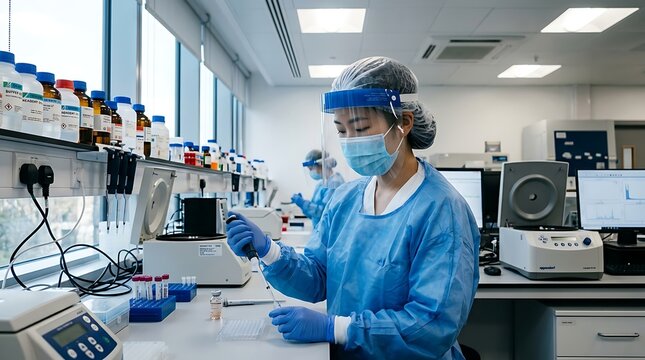 Scientist in protective gear examining sample in a modern laboratory research setting
