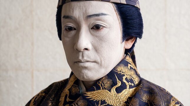 Close-up portrait of Japanese Kabuki actor in traditional white face makeup and ornate kimono featuring golden crane embroidery.