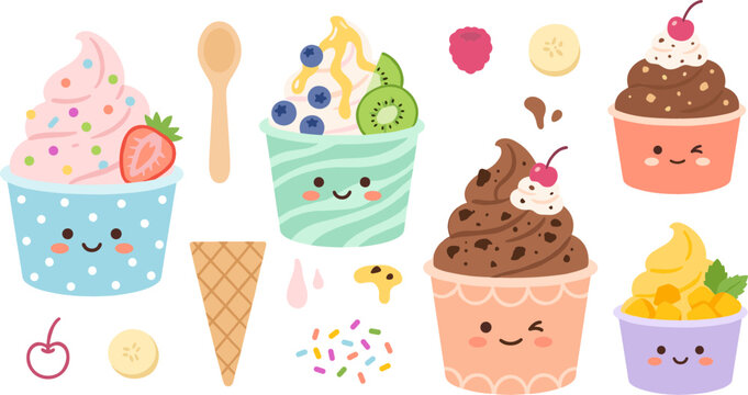 Cute Kawaii Frozen Yogurt and Soft Serve Ice Cream Cup Icon Set with Smiling Faces Fruit Toppings Cones and Sweet Dessert Illustration Elements