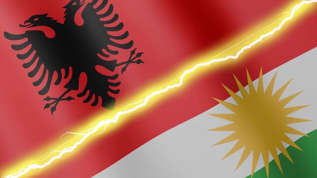 Two waving flags Albania and Kurdistan with diagonal lightning seamless, 4k loop