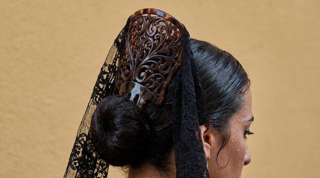 Close up of a woman wearing a traditional Spanish peineta and black lace mantilla veil, showcasing heritage attire for cultural festivals.