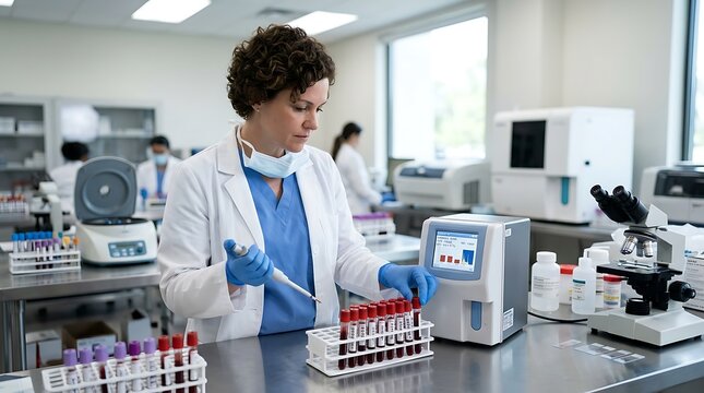 Scientist working with blood samples and laboratory equipment for analysis