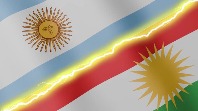 Two waving flags Argentina and Kurdistan with diagonal lightning seamless, 4k loop