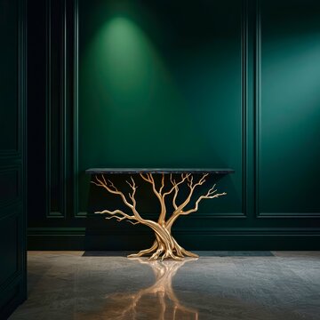 Golden tree-root table gleams against deep green walls